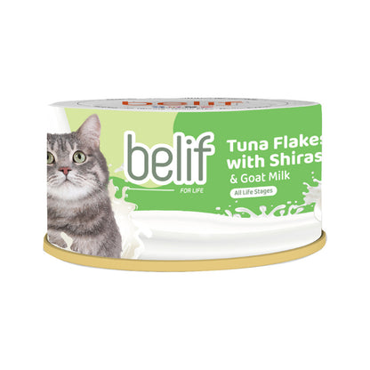 Belif Serpihan Tuna dengan Shirasu/Serpihan Ayam dengan Whitebait/Surimi bersama Susu Kambing 80g | Makanan Tin Kucing