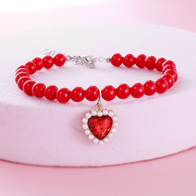 FUREVER365 Pet Pearl Necklace for Cat Dog Cute Heart Pendant Adjustable Elastic Collar Jewelry Kucing