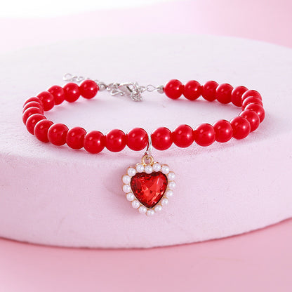 FUREVER365 Pet Pearl Necklace for Cat Dog Cute Heart Pendant Adjustable Elastic Collar Jewelry Kucing