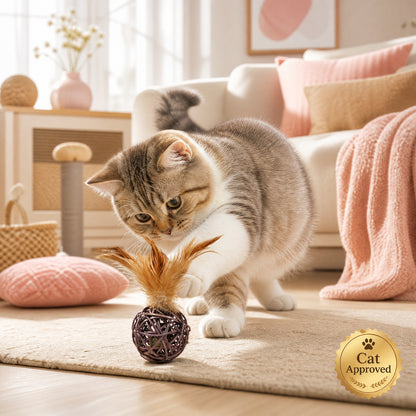FUREVER365 Natural Rattan Ball Cat Toy with Feather & Catnip Ball Interactive Molar Chew Toy Kucing