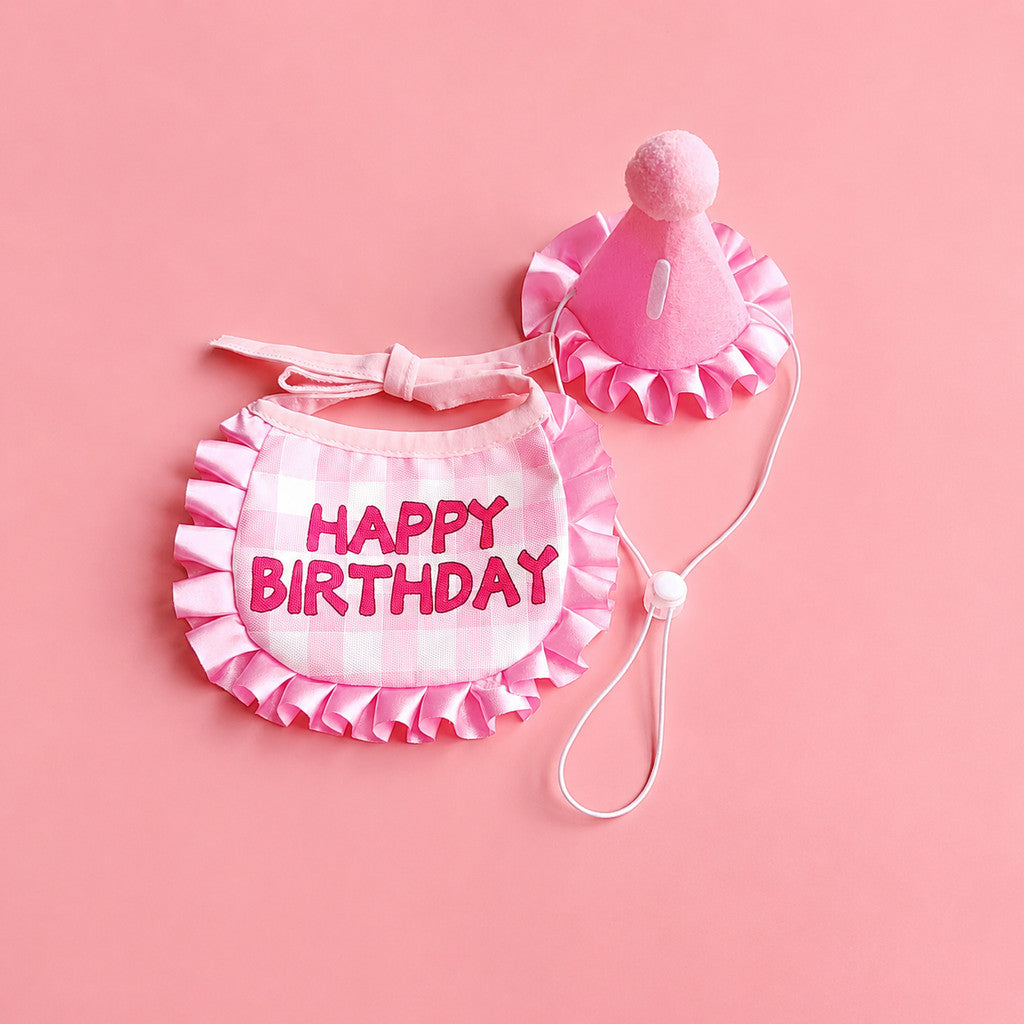 FUREVER365 Pet Birthday Hat Bib Set Cat Dog Birthday Party Accessories INS Embroidery Saliva Towel