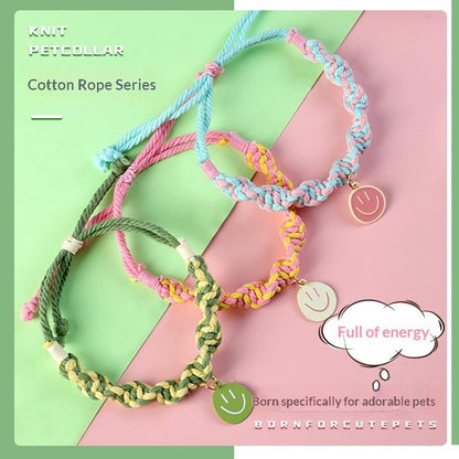 FUREVER365 Handmade Woven Pet Collar Cute Smiley Pendant Cat Dog Dopamine Color Adjustable Necklace