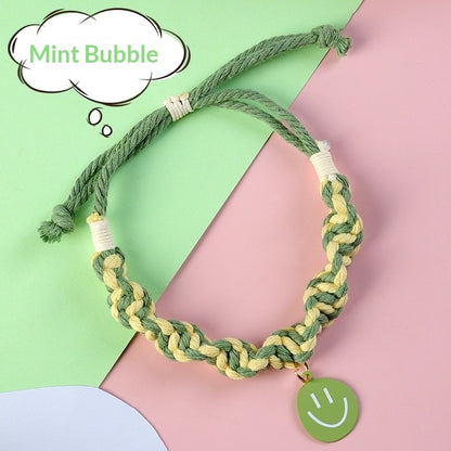 FUREVER365 Handmade Woven Pet Collar Cute Smiley Pendant Cat Dog Dopamine Color Adjustable Necklace