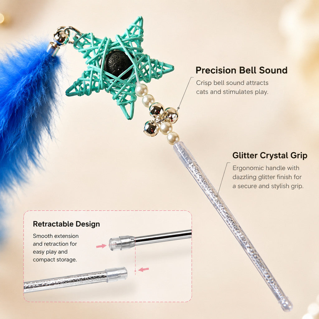 FUREVER365 Retractable Cat Teaser Wand with Star Catnip Ball & Bell Feather Toy Crystal Handle Kitten
