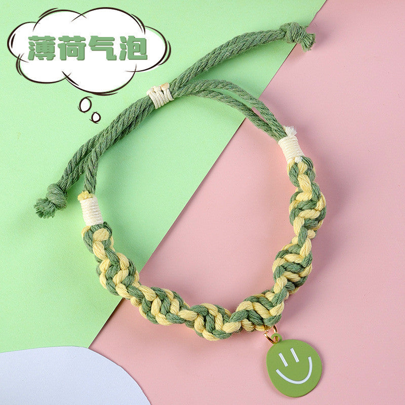 FUREVER365 Handmade Woven Pet Collar Cute Smiley Pendant Cat Dog Dopamine Color Adjustable Necklace