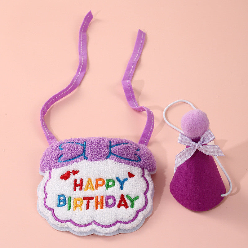 FUREVER365 Pet Birthday Hat Bib Set Cat Dog Birthday Party Accessories INS Embroidery Saliva Towel