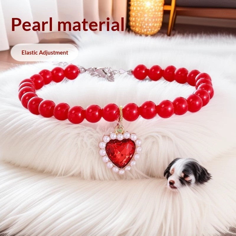 FUREVER365 Pet Pearl Necklace for Cat Dog Cute Heart Pendant Adjustable Elastic Collar Jewelry Kucing