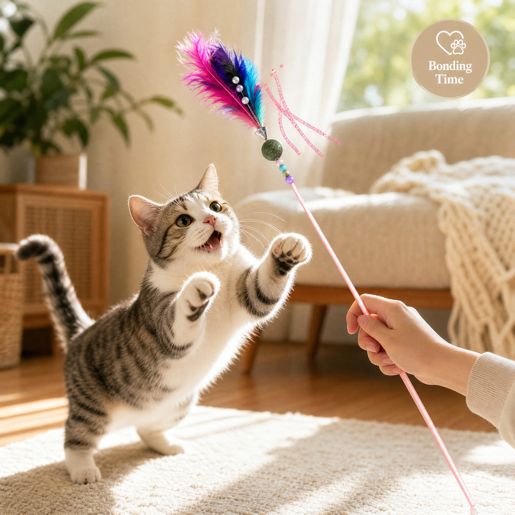 FUREVER365 Interactive Cat Teaser Wand Catnip Silvervine Molar Stick Feather Toy with Bell Kitten