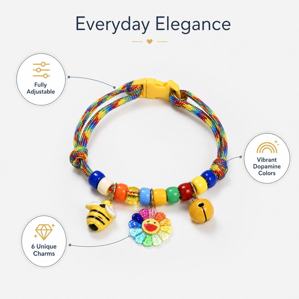 FUREVER365 Colorful Bead Pet Collar Adjustable Cat Dog Necklace Cute Smiley Heart Sun Flower Pendant