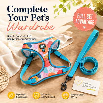 FUREVER365 Cute Blue Floral Pet Harness Leash Set Adjustable Cat Dog Vest Harness Walking Lead 2pcs