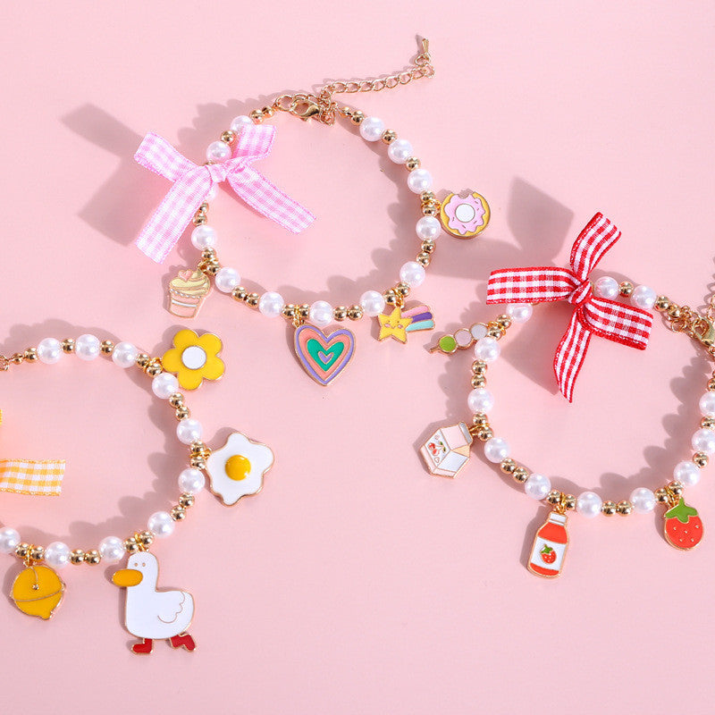 FUREVER365 Cute Pet Pearl Collar with Bow Tie Bell Cat Dog Rabbit Birthday Necklace Adjustable Scarf