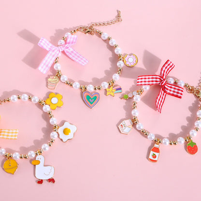FUREVER365 Cute Pet Pearl Collar with Bow Tie Bell Cat Dog Rabbit Birthday Necklace Adjustable Scarf