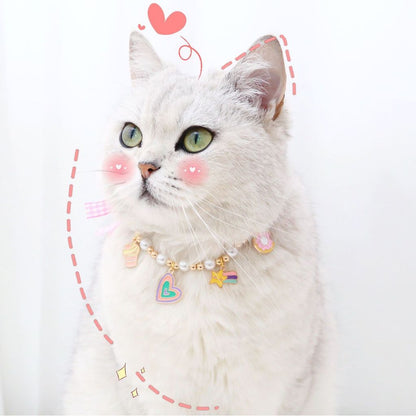 FUREVER365 Cute Pet Pearl Collar with Bow Tie Bell Cat Dog Rabbit Birthday Necklace Adjustable Scarf