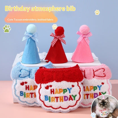 FUREVER365 Pet Birthday Hat Bib Set Cat Dog Birthday Party Accessories INS Embroidery Saliva Towel
