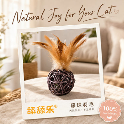 FUREVER365 Natural Rattan Ball Cat Toy with Feather & Catnip Ball Interactive Molar Chew Toy Kucing