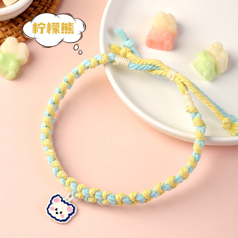 FUREVER365 Handmade Woven Pet Collar Cute Smiley Pendant Cat Dog Dopamine Color Adjustable Necklace
