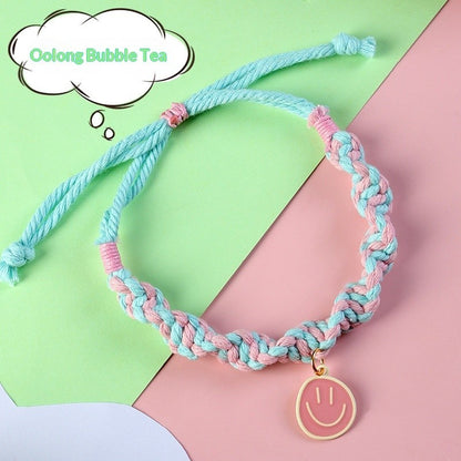 FUREVER365 Handmade Woven Pet Collar Cute Smiley Pendant Cat Dog Dopamine Color Adjustable Necklace