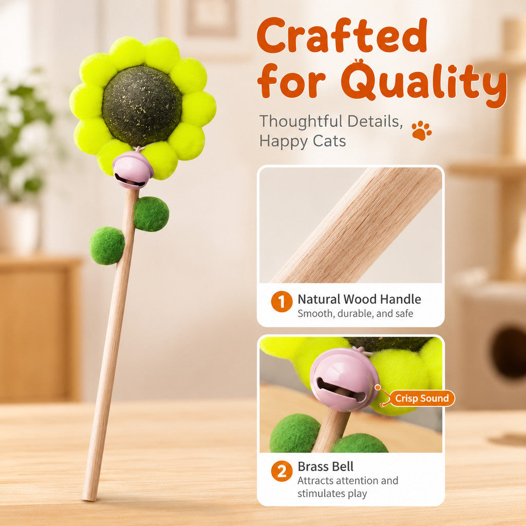 FUREVER365 Cute Sunflower Cat Teaser Wand with Catnip Plush Interactive Molar Cat Toy Kitten Stick