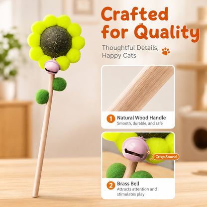 FUREVER365 Cute Sunflower Cat Teaser Wand with Catnip Plush Interactive Molar Cat Toy Kitten Stick