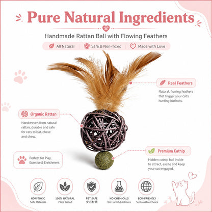 FUREVER365 Natural Rattan Ball Cat Toy with Feather & Catnip Ball Interactive Molar Chew Toy Kucing