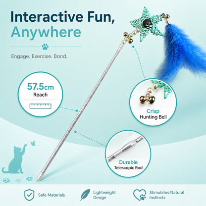 FUREVER365 Retractable Cat Teaser Wand with Star Catnip Ball & Bell Feather Toy Crystal Handle Kitten