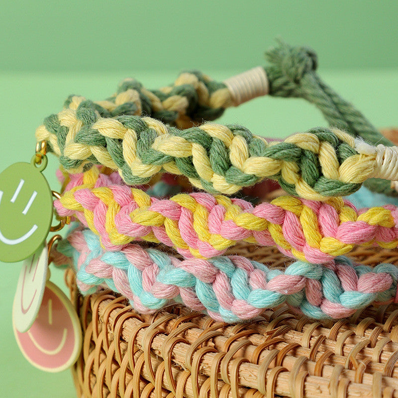 FUREVER365 Handmade Woven Pet Collar Cute Smiley Pendant Cat Dog Dopamine Color Adjustable Necklace