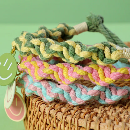 FUREVER365 Handmade Woven Pet Collar Cute Smiley Pendant Cat Dog Dopamine Color Adjustable Necklace
