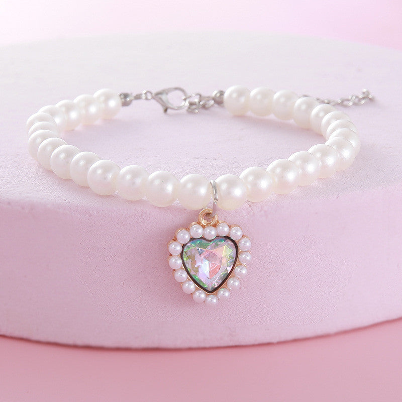 FUREVER365 Pet Pearl Necklace for Cat Dog Cute Heart Pendant Adjustable Elastic Collar Jewelry Kucing