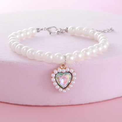 FUREVER365 Pet Pearl Necklace for Cat Dog Cute Heart Pendant Adjustable Elastic Collar Jewelry Kucing