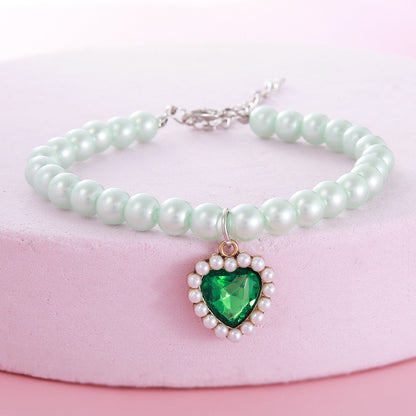 FUREVER365 Pet Pearl Necklace for Cat Dog Cute Heart Pendant Adjustable Elastic Collar Jewelry Kucing