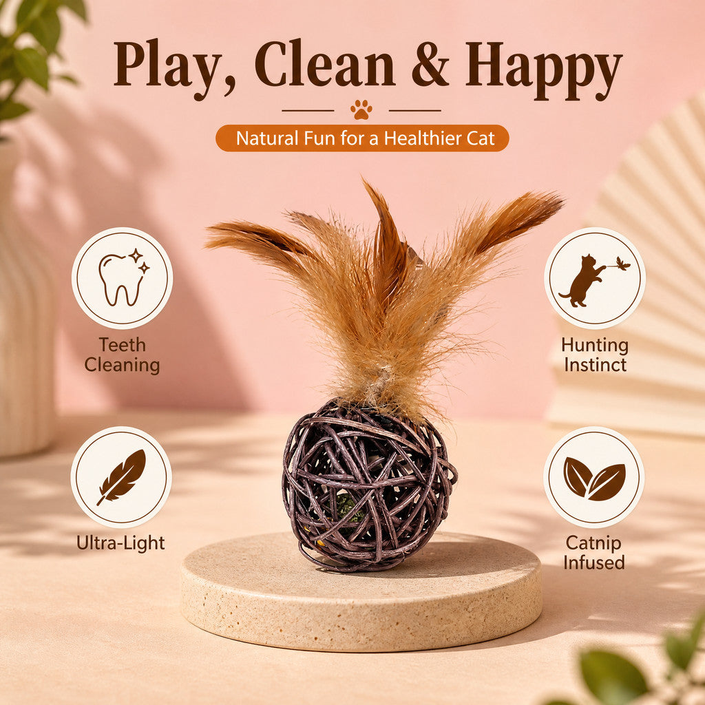 FUREVER365 Natural Rattan Ball Cat Toy with Feather & Catnip Ball Interactive Molar Chew Toy Kucing