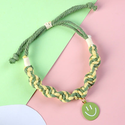 FUREVER365 Handmade Woven Pet Collar Cute Smiley Pendant Cat Dog Dopamine Color Adjustable Necklace