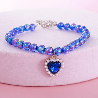 FUREVER365 Pet Pearl Necklace for Cat Dog Cute Heart Pendant Adjustable Elastic Collar Jewelry Kucing