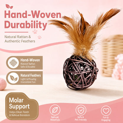 FUREVER365 Natural Rattan Ball Cat Toy with Feather & Catnip Ball Interactive Molar Chew Toy Kucing