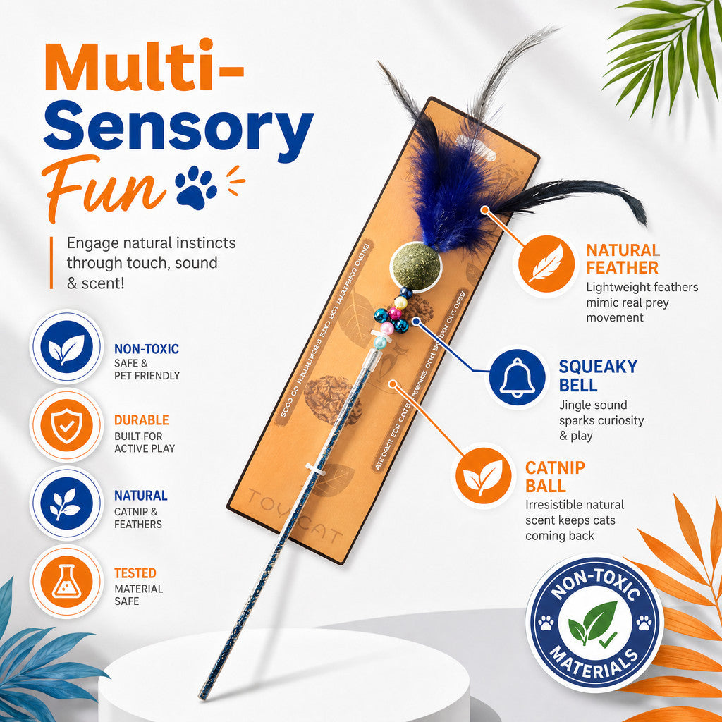 FUREVER365 Retractable Cat Teaser Wand with Catnip Ball & Bell Feather Toy Interactive Kitten Toy