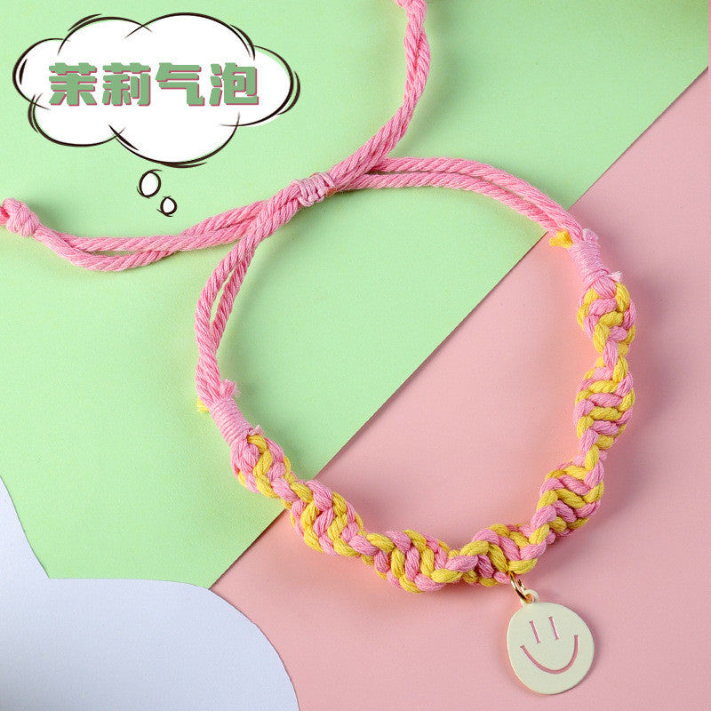 FUREVER365 Handmade Woven Pet Collar Cute Smiley Pendant Cat Dog Dopamine Color Adjustable Necklace