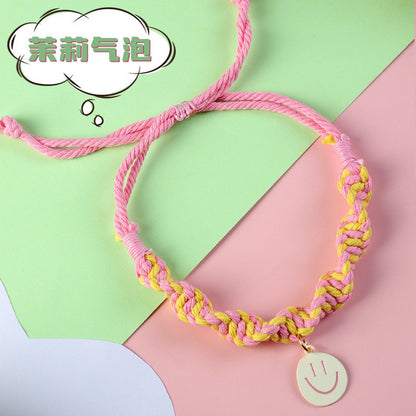 FUREVER365 Handmade Woven Pet Collar Cute Smiley Pendant Cat Dog Dopamine Color Adjustable Necklace