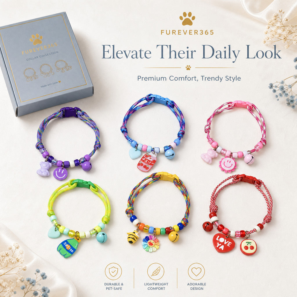 FUREVER365 Colorful Bead Pet Collar Adjustable Cat Dog Necklace Cute Smiley Heart Sun Flower Pendant