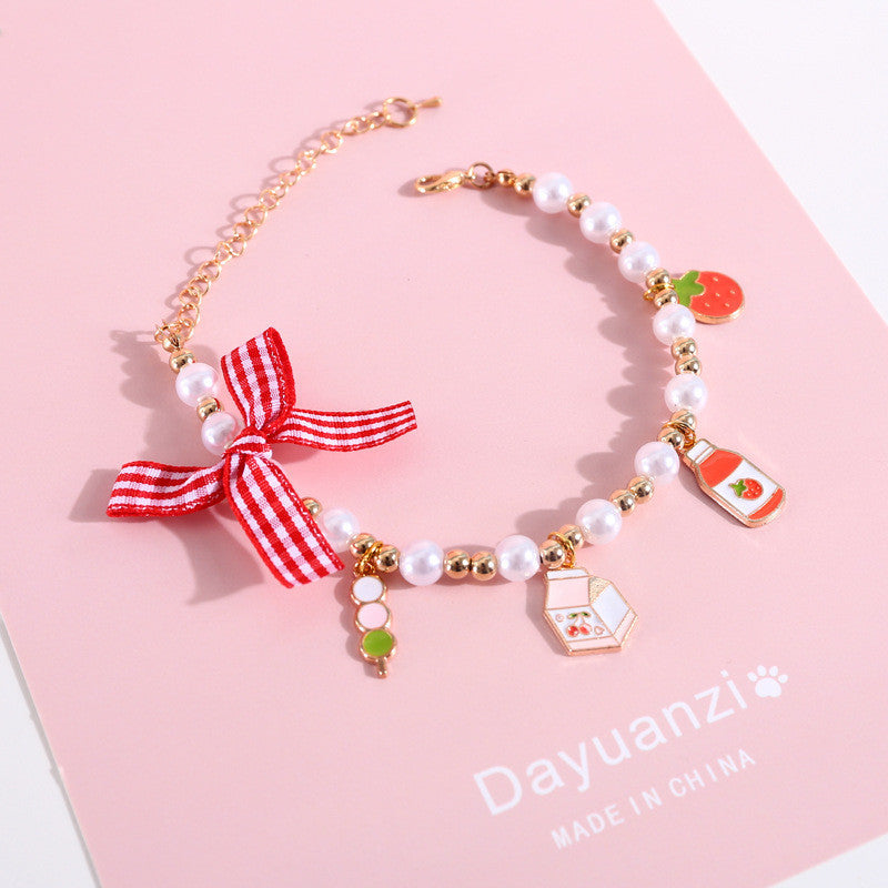 FUREVER365 Cute Pet Pearl Collar with Bow Tie Bell Cat Dog Rabbit Birthday Necklace Adjustable Scarf