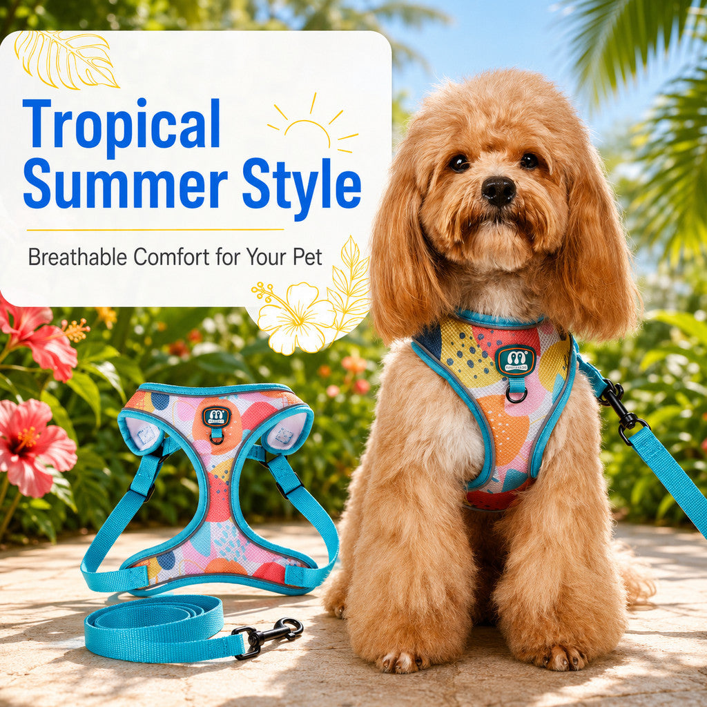FUREVER365 Cute Blue Floral Pet Harness Leash Set Adjustable Cat Dog Vest Harness Walking Lead 2pcs