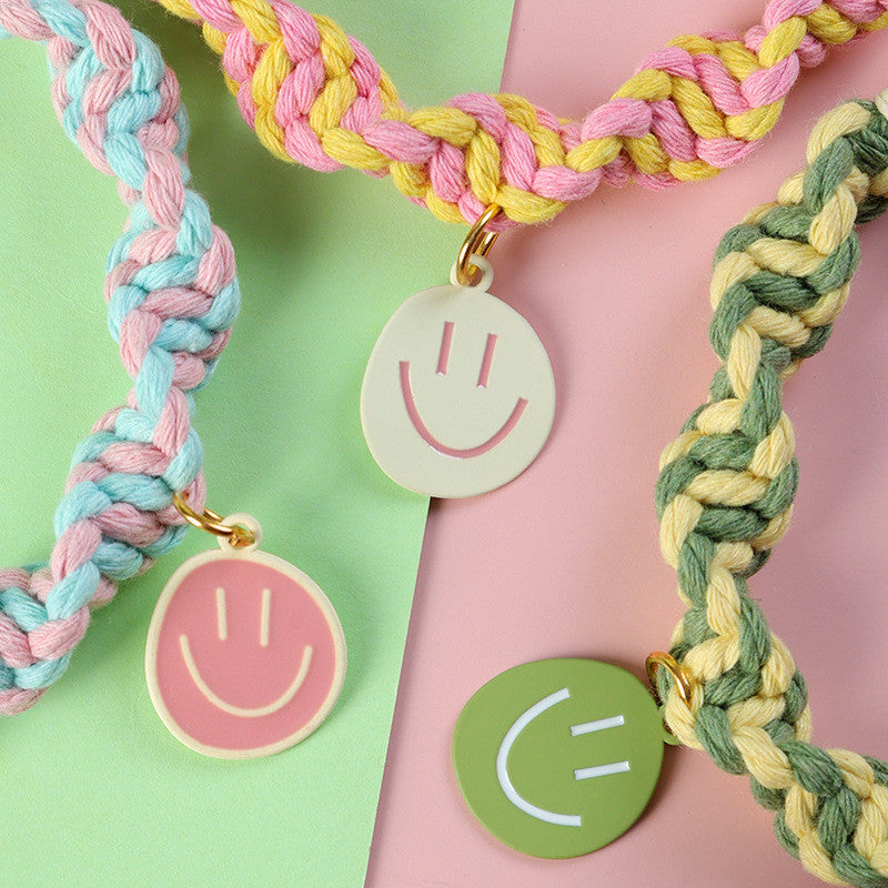 FUREVER365 Handmade Woven Pet Collar Cute Smiley Pendant Cat Dog Dopamine Color Adjustable Necklace