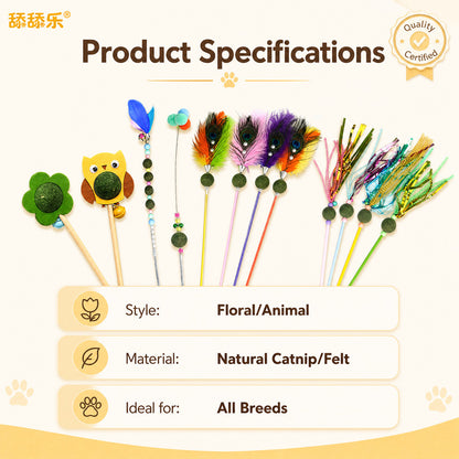 FUREVER365 Interactive Cat Teaser Wand Catnip Silvervine Molar Stick Feather Toy with Bell Kitten