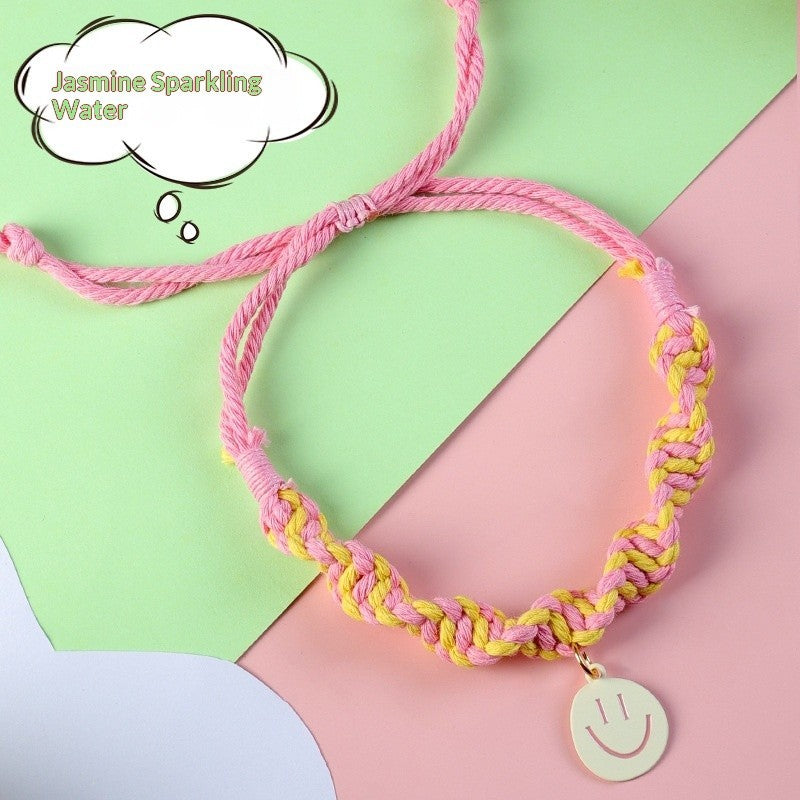 FUREVER365 Handmade Woven Pet Collar Cute Smiley Pendant Cat Dog Dopamine Color Adjustable Necklace