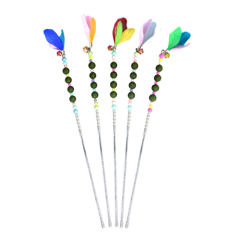FUREVER365 Interactive Cat Teaser Wand Catnip Silvervine Molar Stick Feather Toy with Bell Kitten