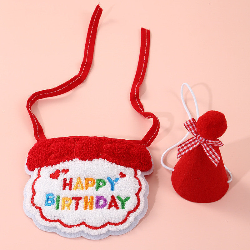 FUREVER365 Pet Birthday Hat Bib Set Cat Dog Birthday Party Accessories INS Embroidery Saliva Towel