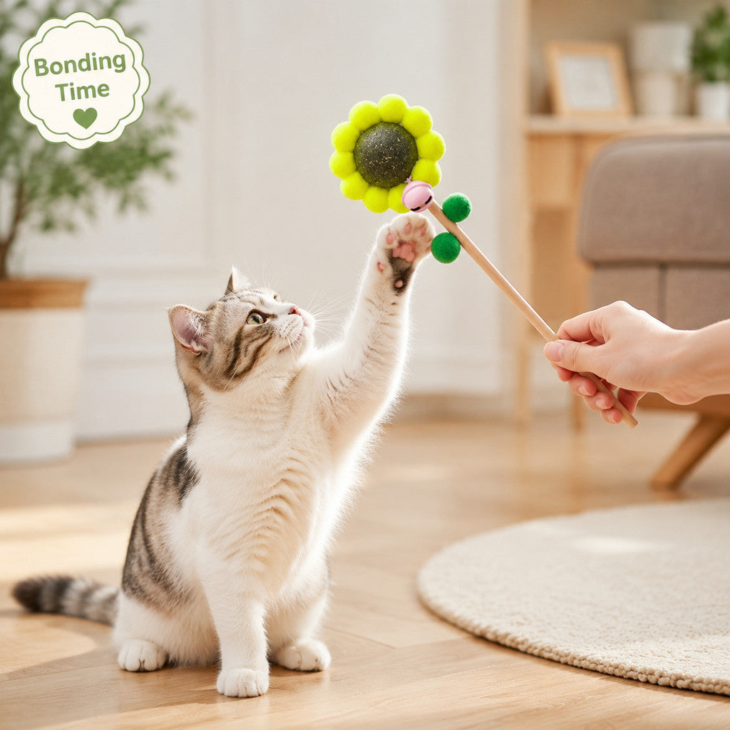 FUREVER365 Cute Sunflower Cat Teaser Wand with Catnip Plush Interactive Molar Cat Toy Kitten Stick