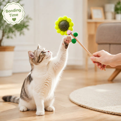 FUREVER365 Cute Sunflower Cat Teaser Wand with Catnip Plush Interactive Molar Cat Toy Kitten Stick