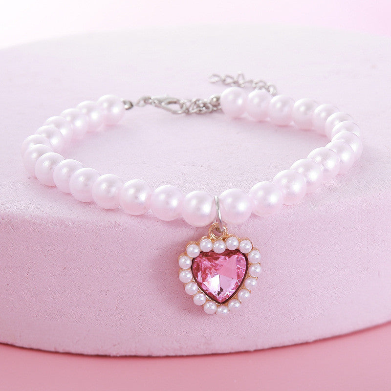 FUREVER365 Pet Pearl Necklace for Cat Dog Cute Heart Pendant Adjustable Elastic Collar Jewelry Kucing