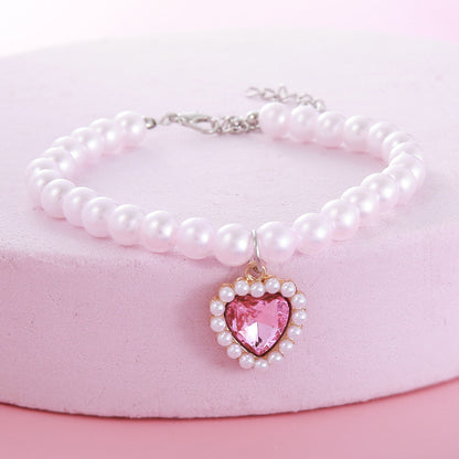 FUREVER365 Pet Pearl Necklace for Cat Dog Cute Heart Pendant Adjustable Elastic Collar Jewelry Kucing