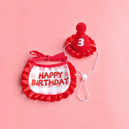 FUREVER365 Pet Birthday Hat Bib Set Cat Dog Birthday Party Accessories INS Embroidery Saliva Towel